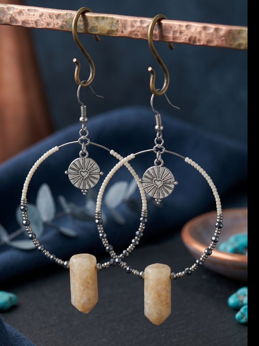 Silver Beaded Boho Celestial Hoop Earrings Crystal Point Drop Honey Gold 4"L
